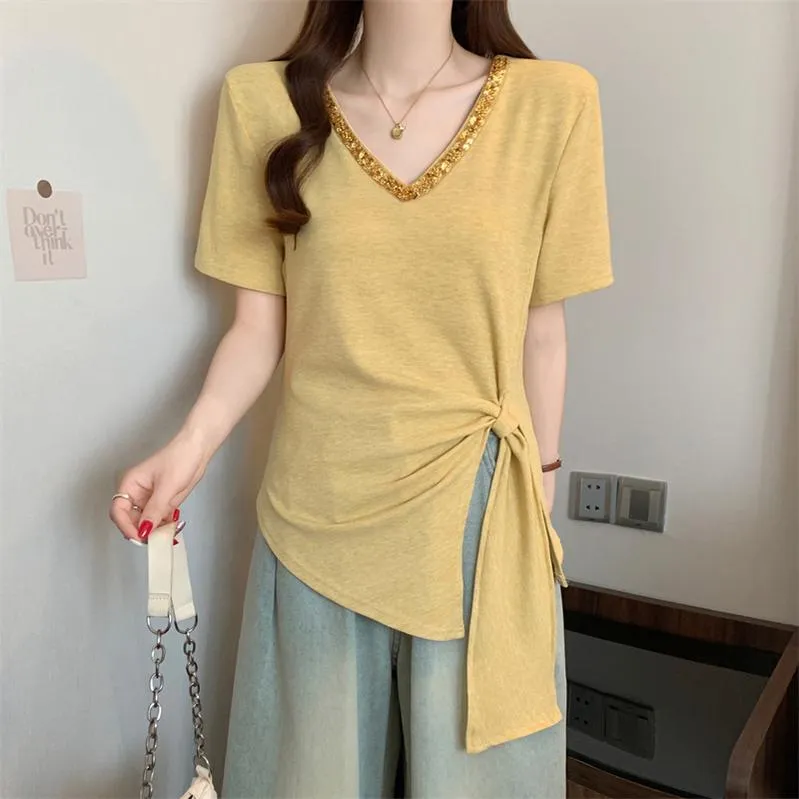 Trendy Plus Size V-Neck T-Shirt with Fashionable Studded Details