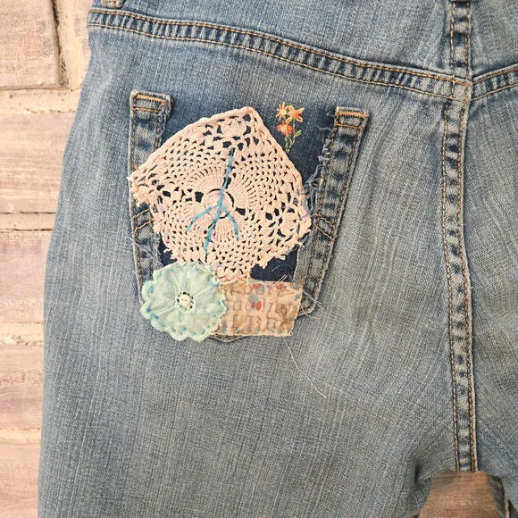 Upcycled Handmade Levi's Denim Frayed Shorts Embellished floral vtg lace Size 10