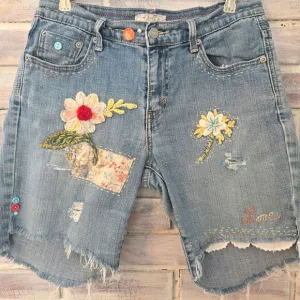 Upcycled Handmade Levi's Denim Frayed Shorts Embellished floral vtg lace Size 10