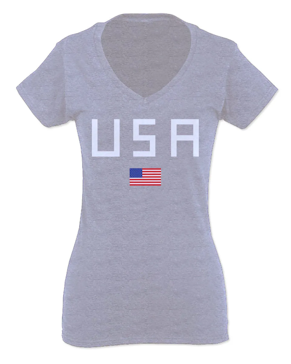 USA American Flag United States of America Patriotic  For Women V neck fitted T Shirt
