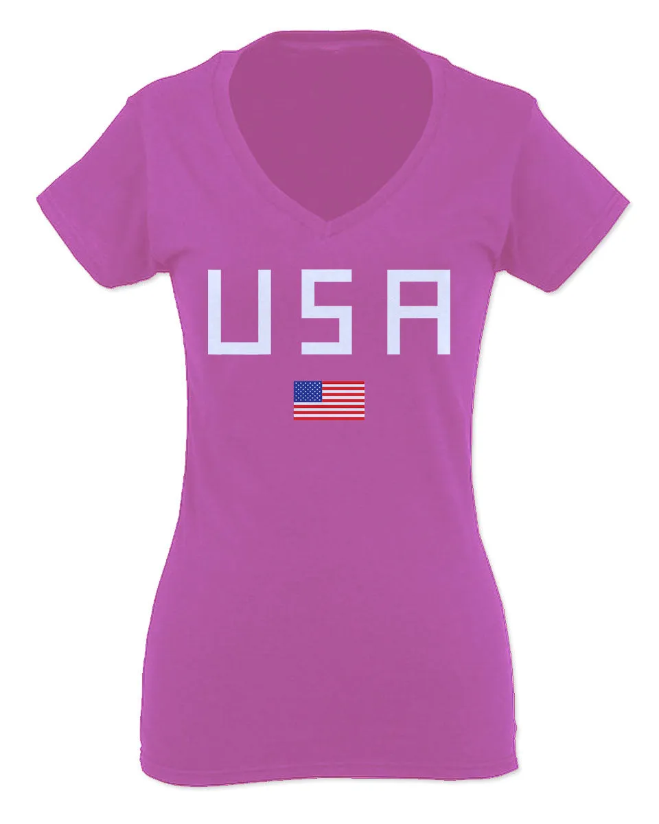 USA American Flag United States of America Patriotic  For Women V neck fitted T Shirt
