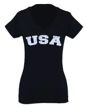 USA Vintage Patriotic American United States of America For Women V neck fitted T Shirt