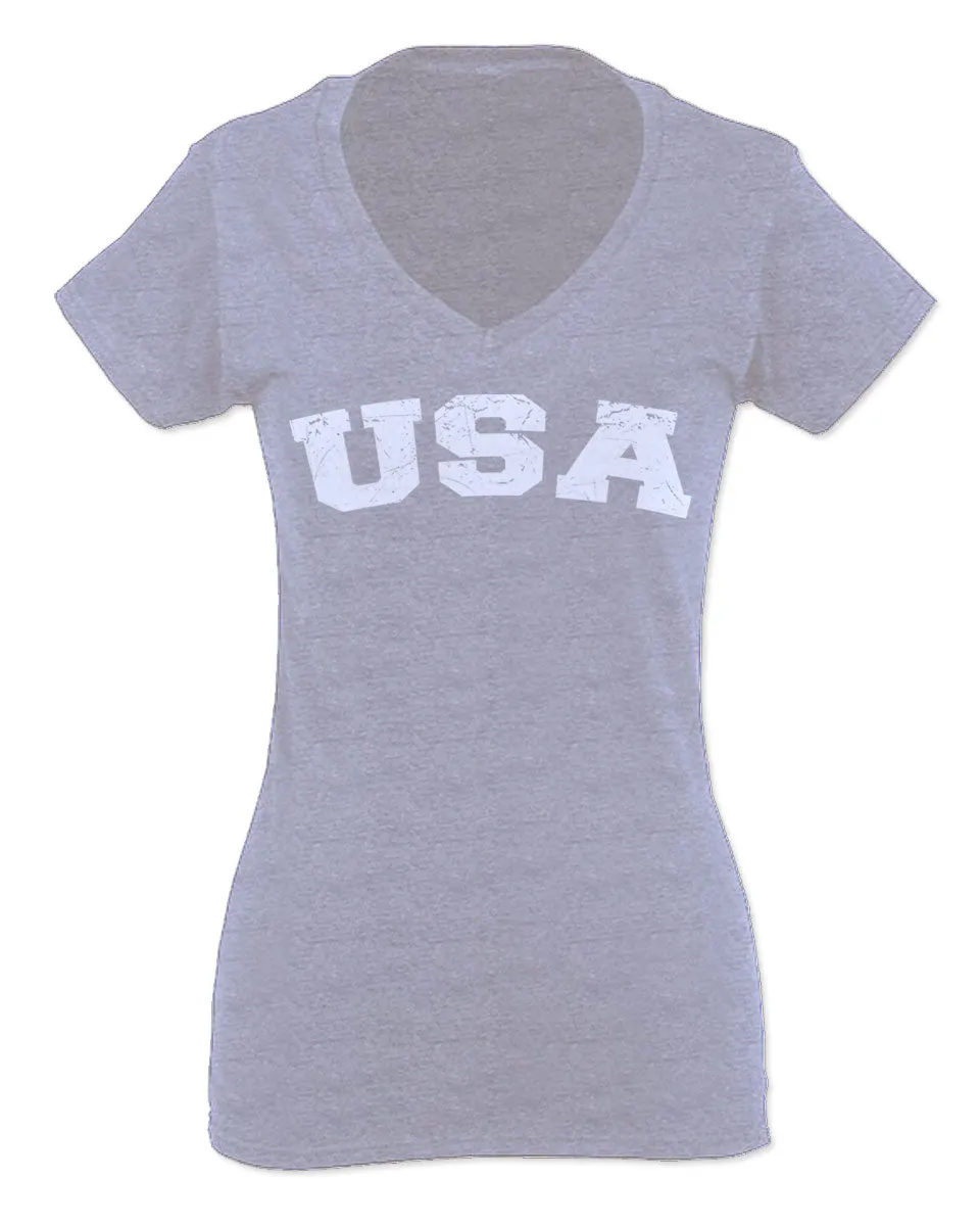 USA Vintage Patriotic American United States of America For Women V neck fitted T Shirt