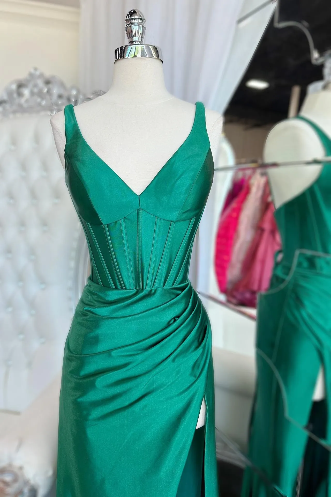 V Neck Blue Satin Mermaid Long Formal Dress