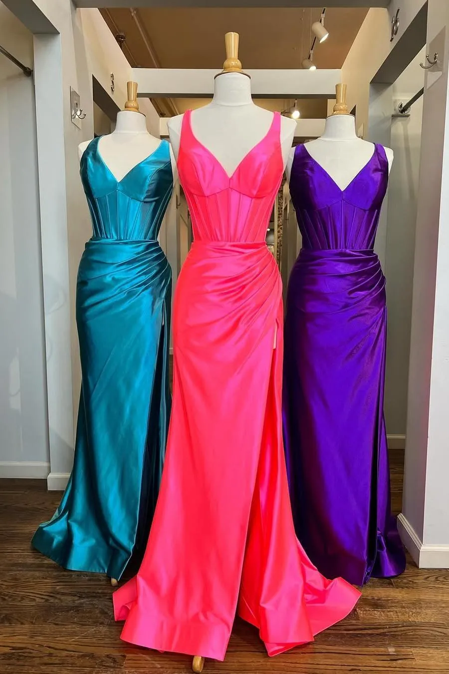 V Neck Blue Satin Mermaid Long Formal Dress