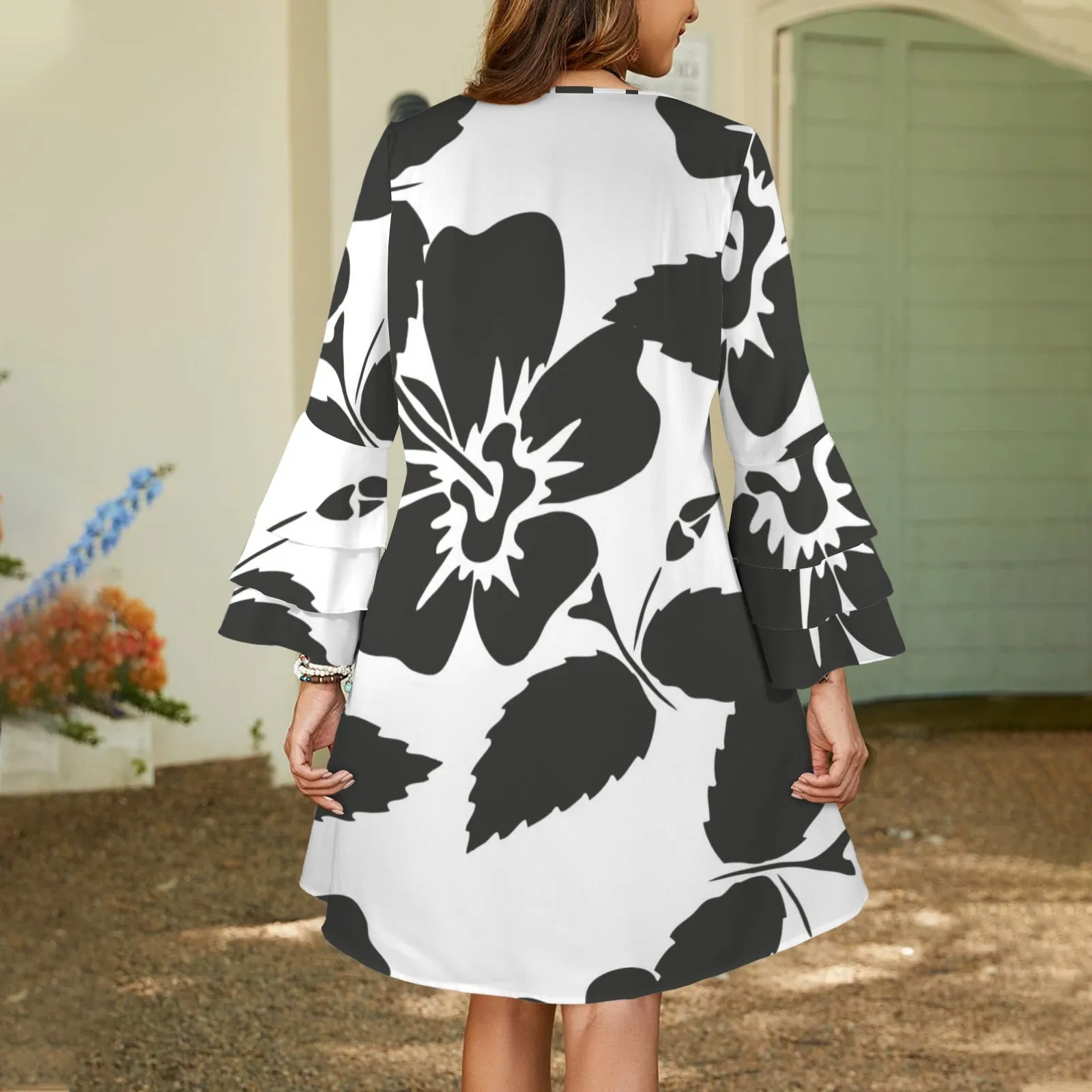 V-neck layered flare sleeved dress