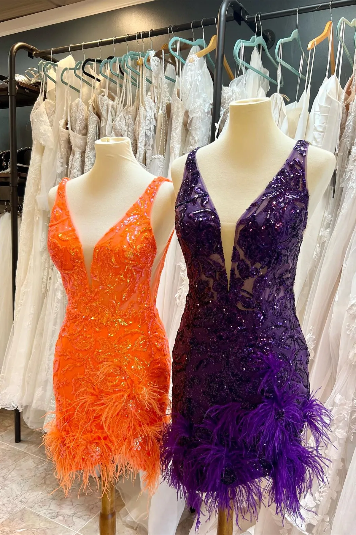 V Neck Orange Sequin Tight Mini Dress with Feathers