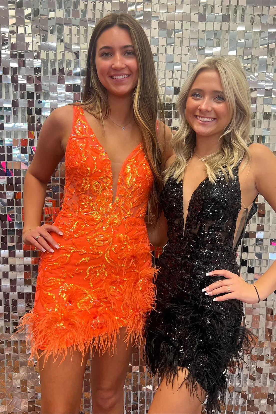 V Neck Orange Sequin Tight Mini Dress with Feathers