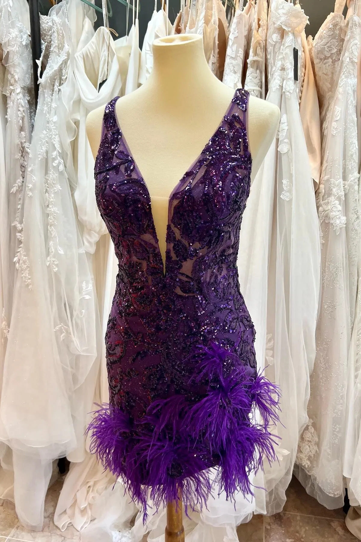 V Neck Orange Sequin Tight Mini Dress with Feathers