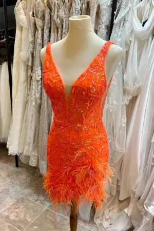 V Neck Orange Sequin Tight Mini Dress with Feathers