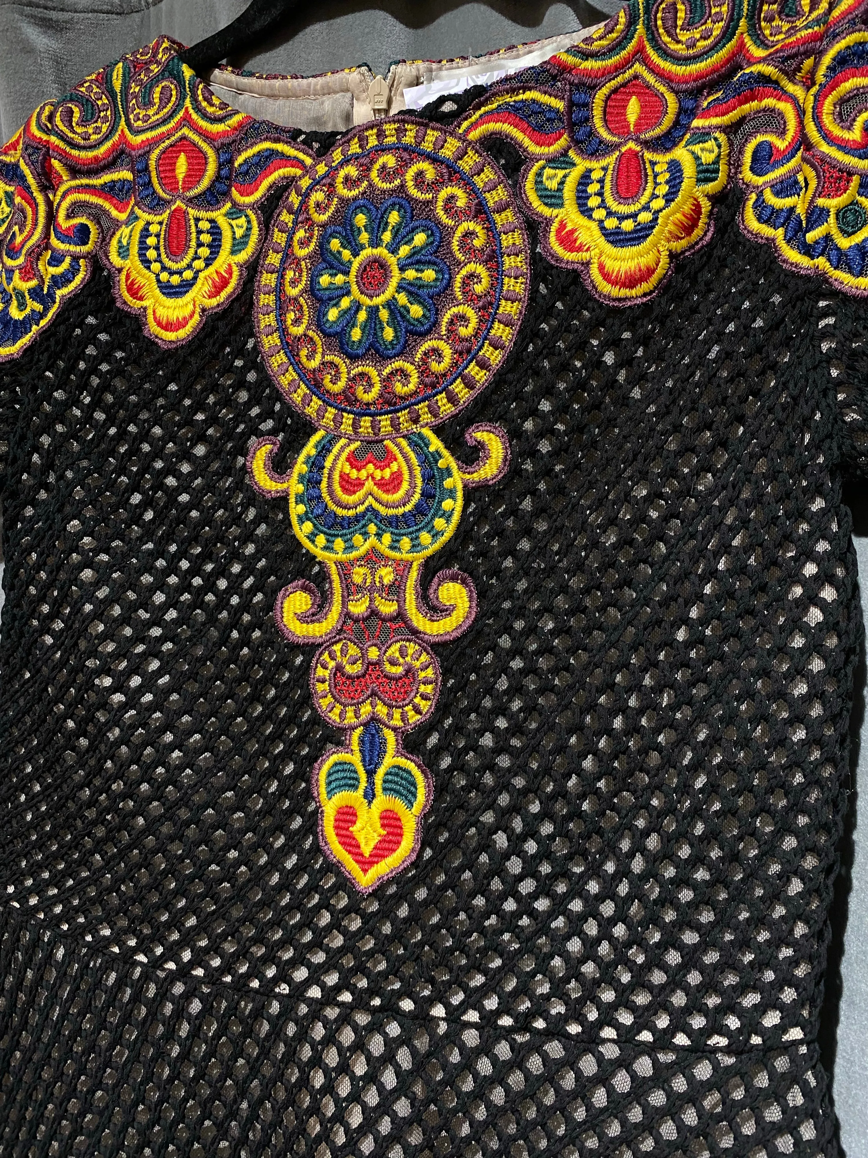 Valentino Black Open Crochet Short Sleeve Fit and Flare Dress with Embroidery