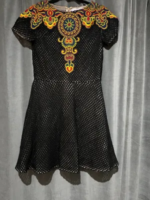 Valentino Black Open Crochet Short Sleeve Fit and Flare Dress with Embroidery