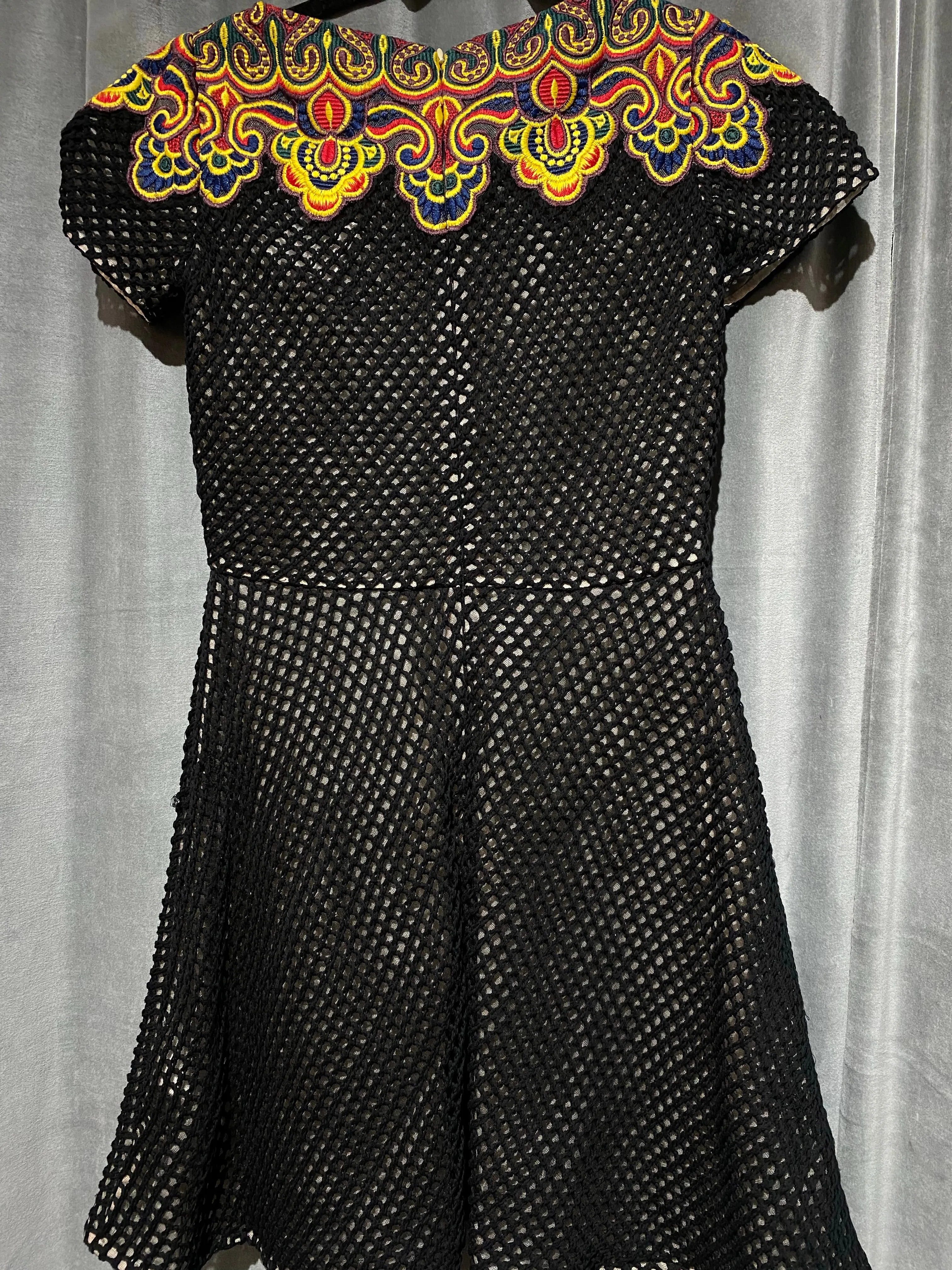 Valentino Black Open Crochet Short Sleeve Fit and Flare Dress with Embroidery