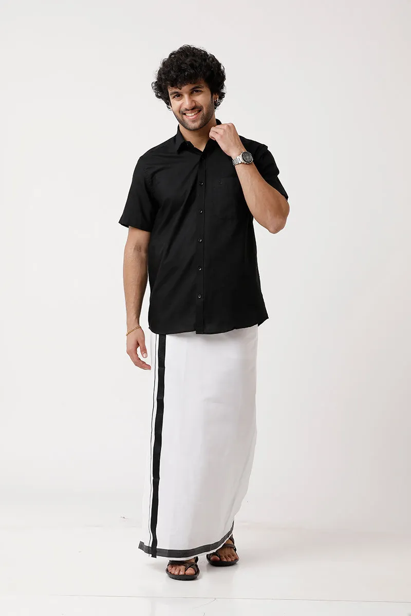 Varna - Black Single Layered Fancy Border Pocket Dhoti For Men | Uathayam