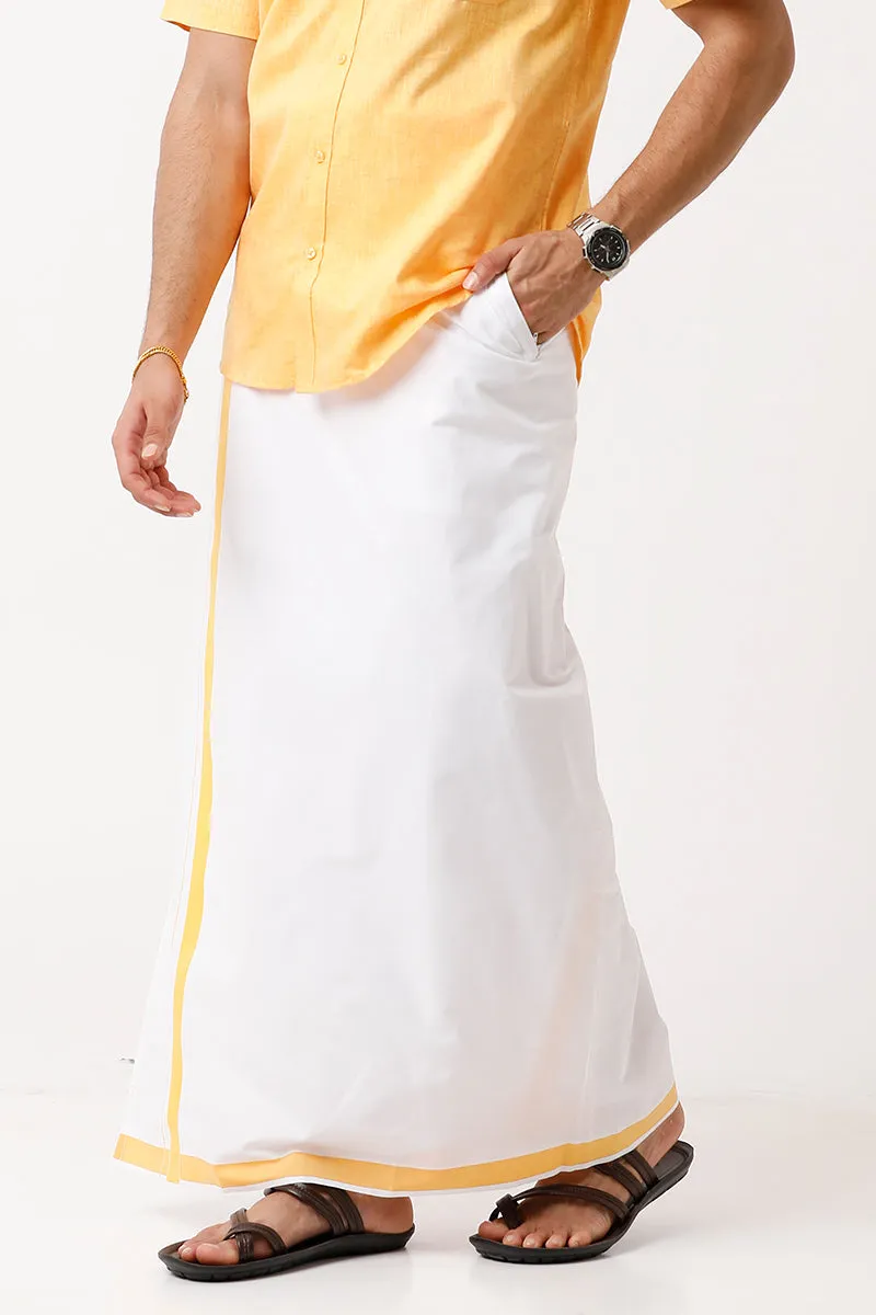 Varna - Golden Yellow Single Layered Fancy Border Pocket Dhoti For Men | Uathayam