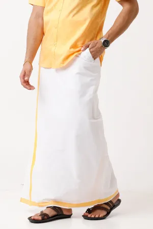 Varna - Golden Yellow Single Layered Fancy Border Pocket Dhoti For Men | Uathayam