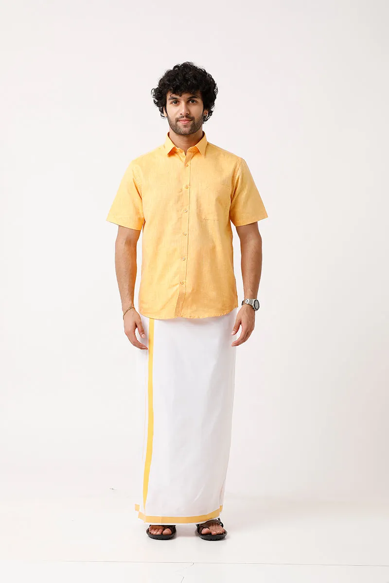 Varna - Golden Yellow Single Layered Fancy Border Pocket Dhoti For Men | Uathayam
