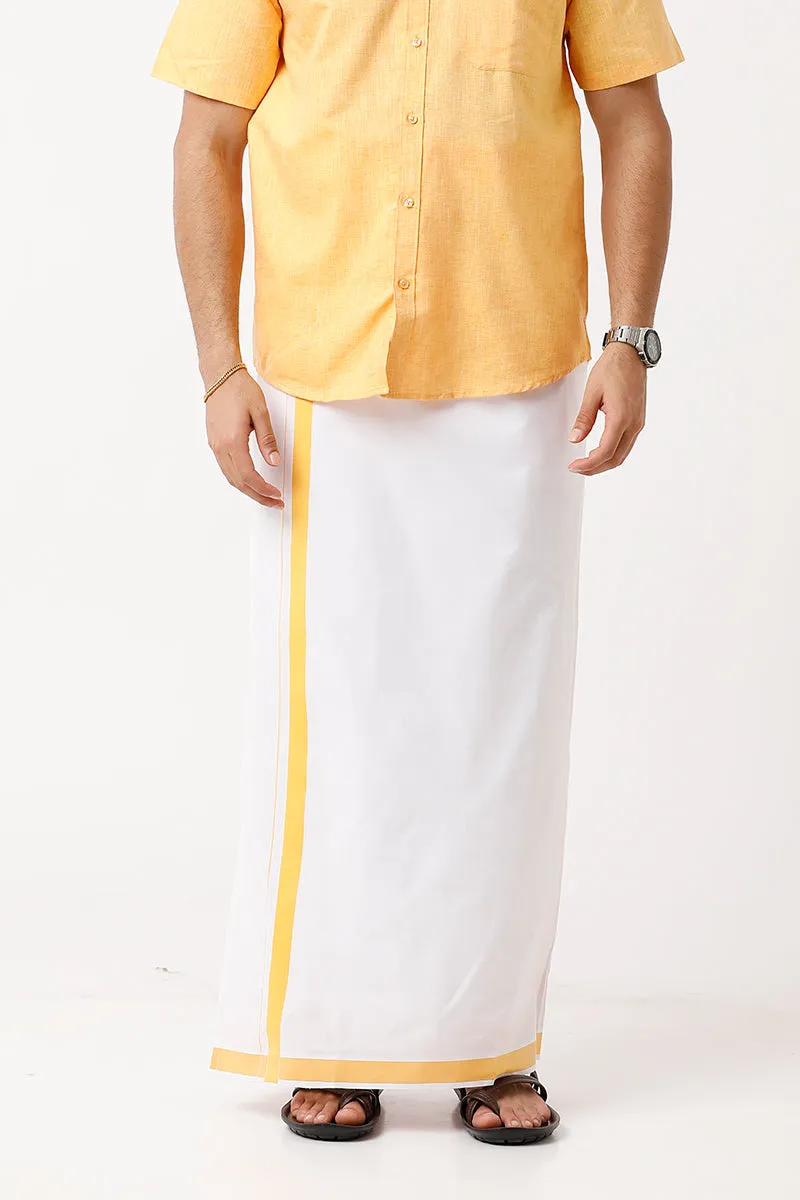 Varna - Golden Yellow Single Layered Fancy Border Pocket Dhoti For Men | Uathayam