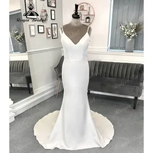 Vintage V Neck Backless Soft Satin Crepe Wedding Gown for Women  Mermaid Wedding Reception Dress for Bride Vestidos de Novia