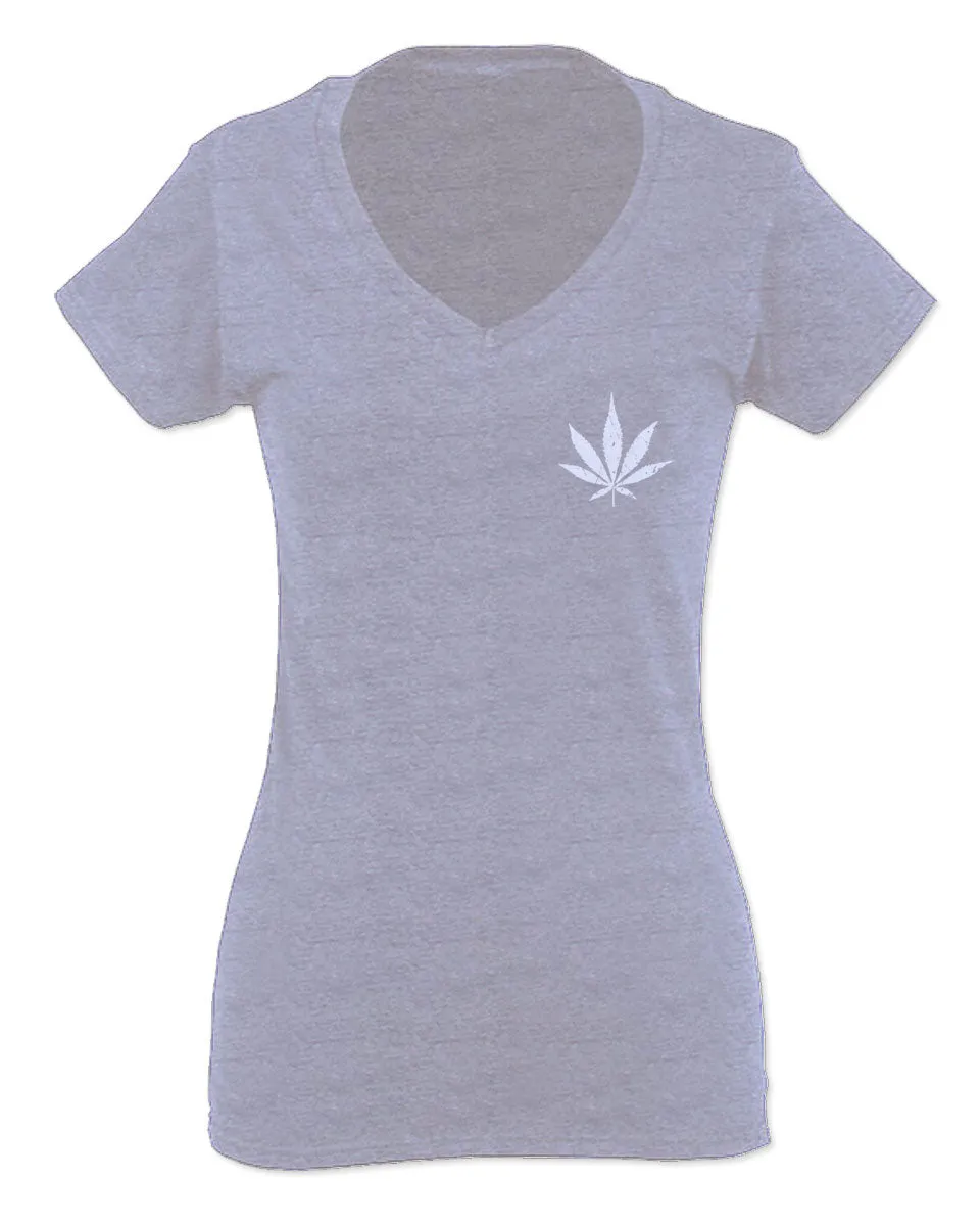 Vintage Weed Leaf Marihuana High Stoned Day Retro Cool For Women V neck fitted T Shirt