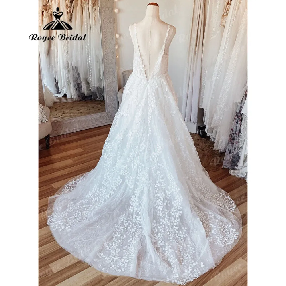 Vintage Women A Line Beach Lace Wedding Dress Open Back  Off White Wedding Gowns for Bride Brautkleider Roycebridal