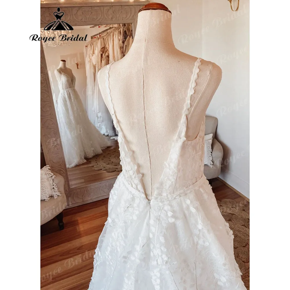 Vintage Women A Line Beach Lace Wedding Dress Open Back  Off White Wedding Gowns for Bride Brautkleider Roycebridal