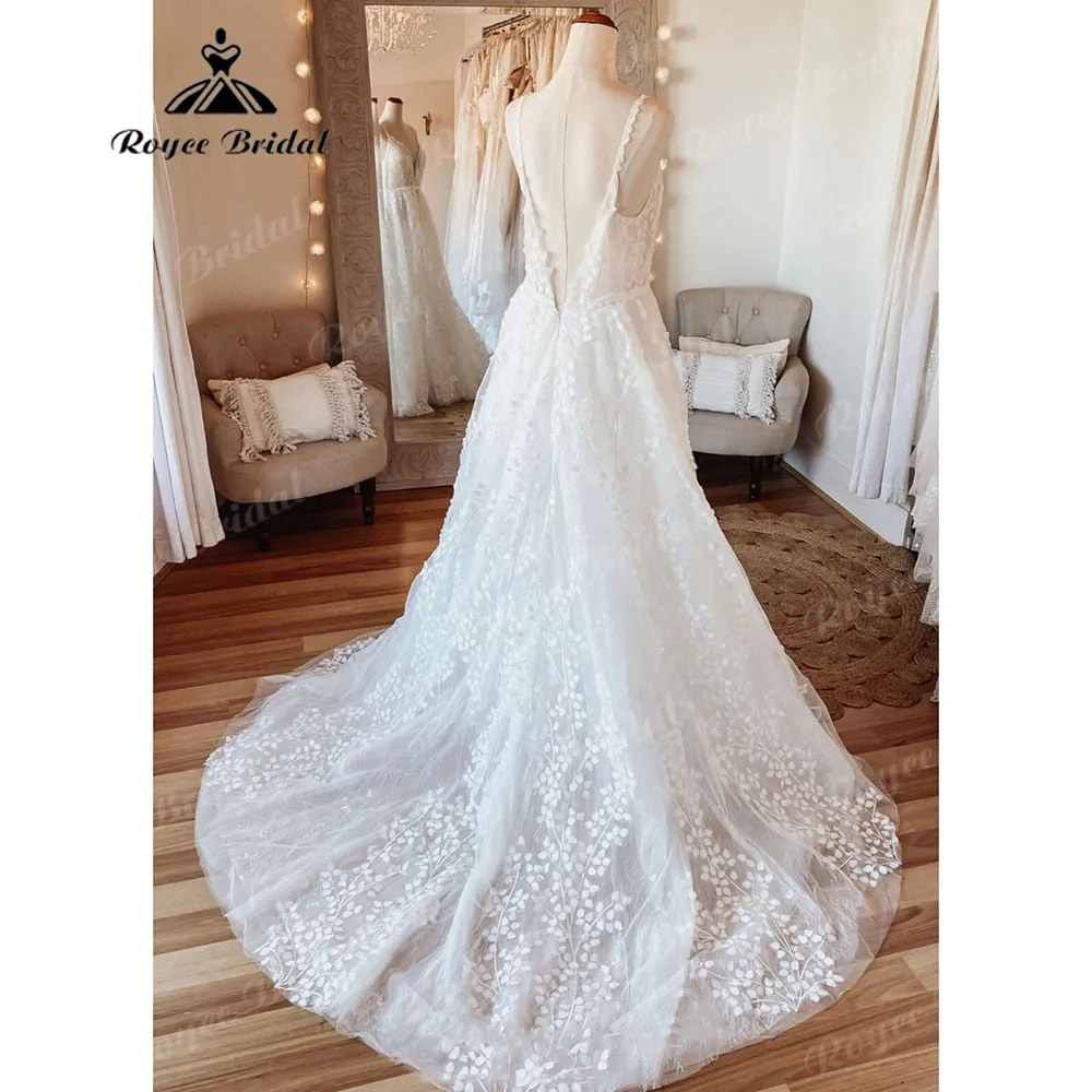 Vintage Women A Line Beach Lace Wedding Dress Open Back  Off White Wedding Gowns for Bride Brautkleider Roycebridal