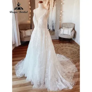 Vintage Women A Line Beach Lace Wedding Dress Open Back  Off White Wedding Gowns for Bride Brautkleider Roycebridal