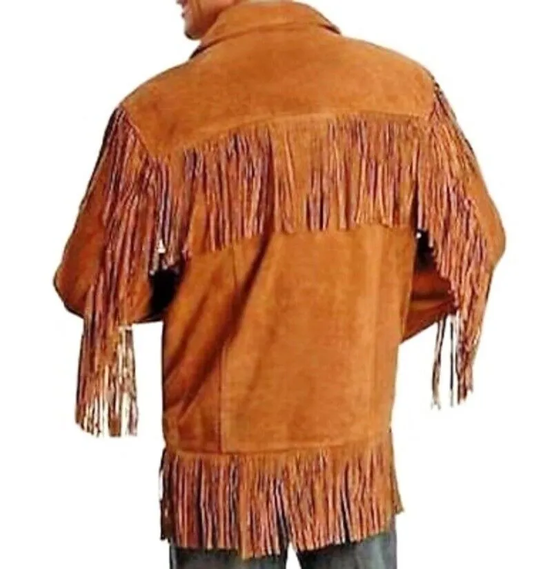 Western Fringe Brown Suede Leather Jacket for Men MWJ732