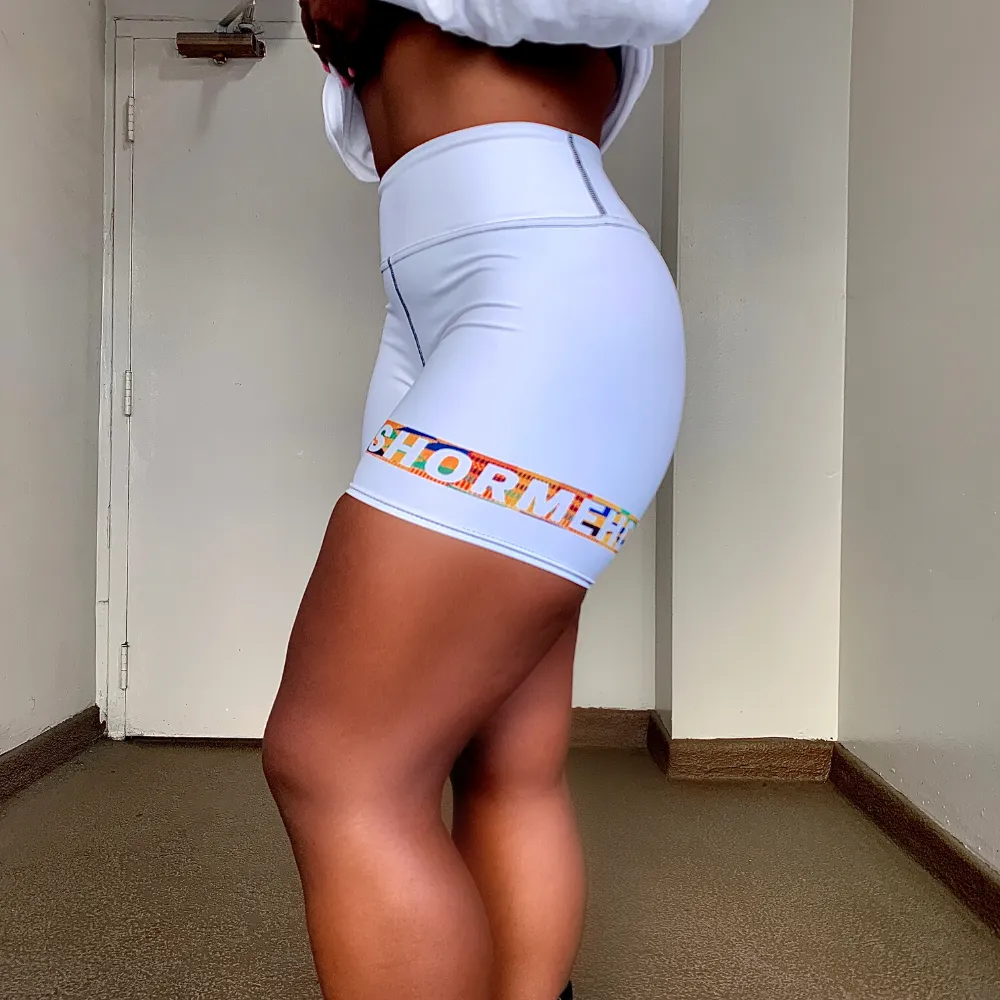 White SHORMEHD Kente Biker Shorts