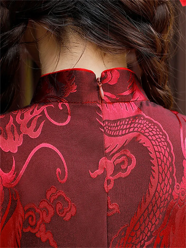 Wine Red Mini Qipao with Ancient Loong Jacquard