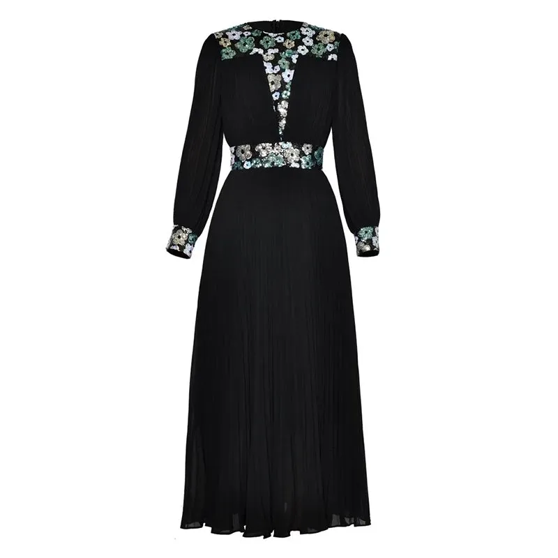 Winter O-Neck Lantern Sleeves Vintage Pleated Dress