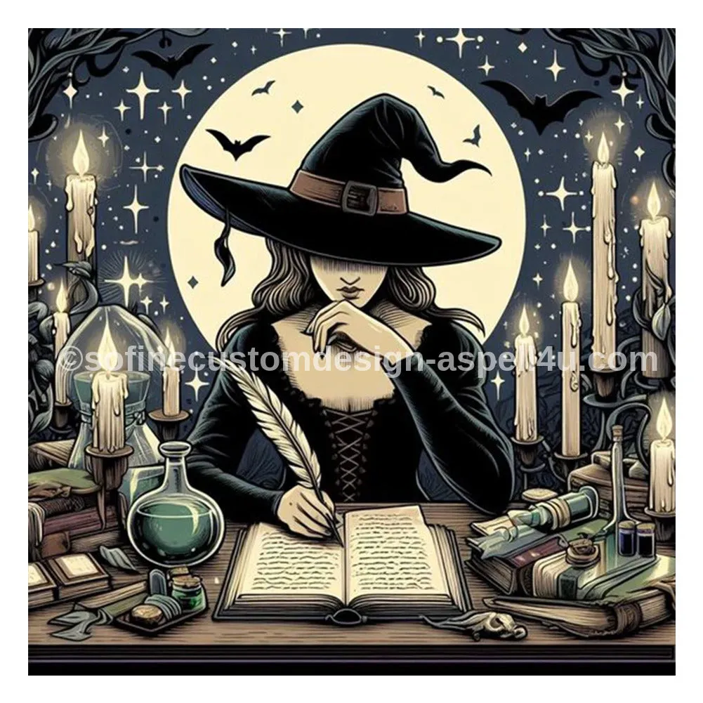 Witch Composing a Spell in Book of Shadows AI Created One of a Kind Digital Download Canvas Poster Wall Art DIY Printable DIY Craft Supply