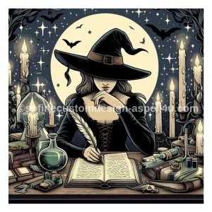 Witch Composing a Spell in Book of Shadows AI Created One of a Kind Digital Download Canvas Poster Wall Art DIY Printable DIY Craft Supply