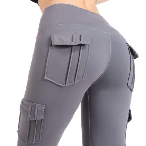 Women Flip pockets-Cargo Leggings-with Super elastic Soft smooth nude fabric