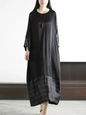 Women Spring Artsy Stripe O-Neck Maxi Dress