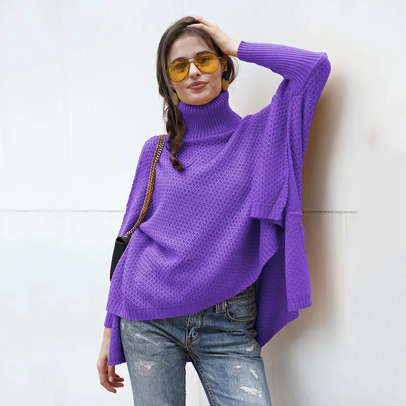 Women's High Collar Loose Hollow Bat Sweater