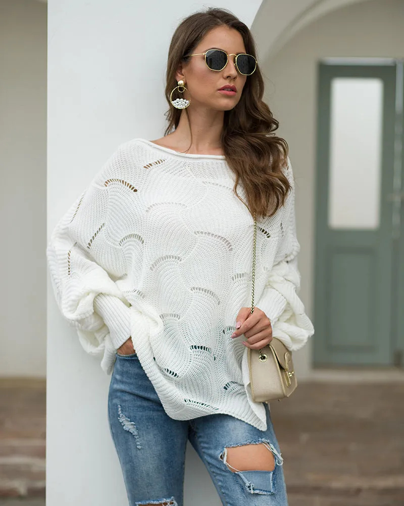 Women's Long Sleeves Hollow Loose Bat Sweater