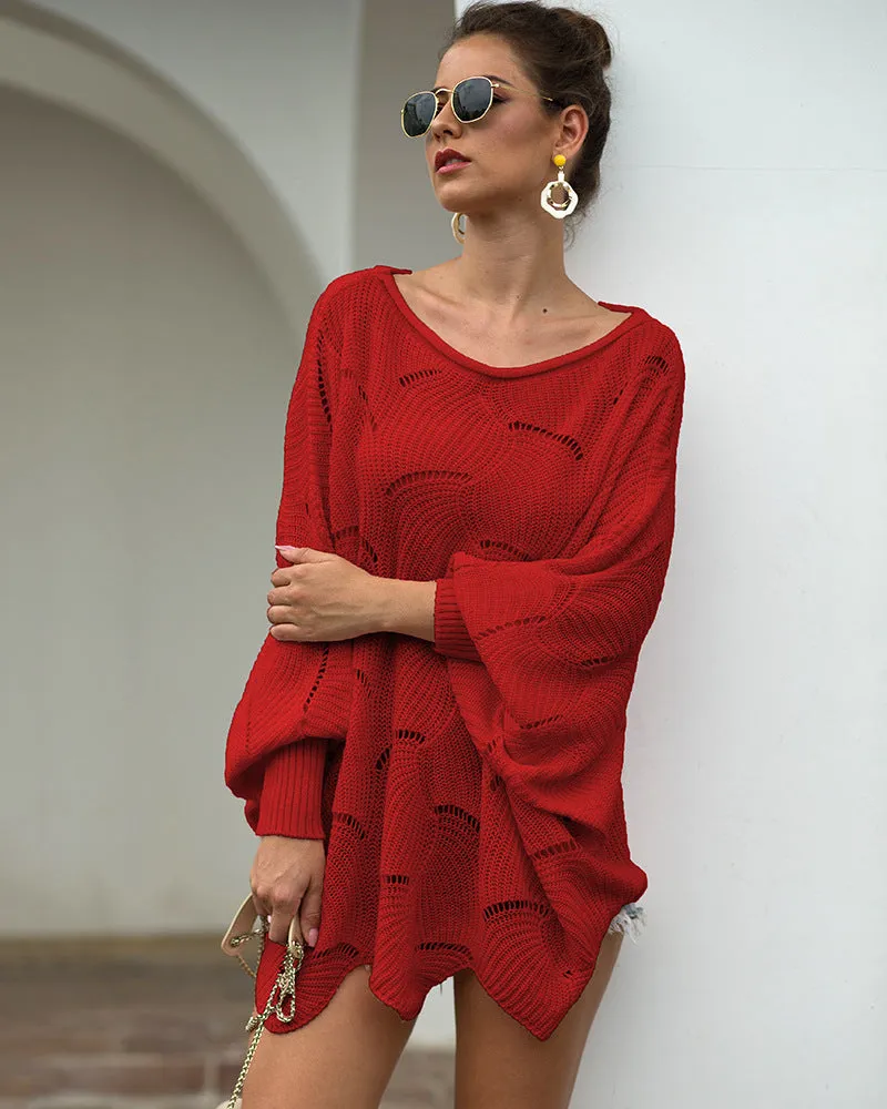 Women's Long Sleeves Hollow Loose Bat Sweater