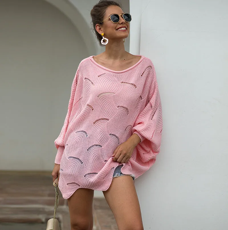 Women's Long Sleeves Hollow Loose Bat Sweater