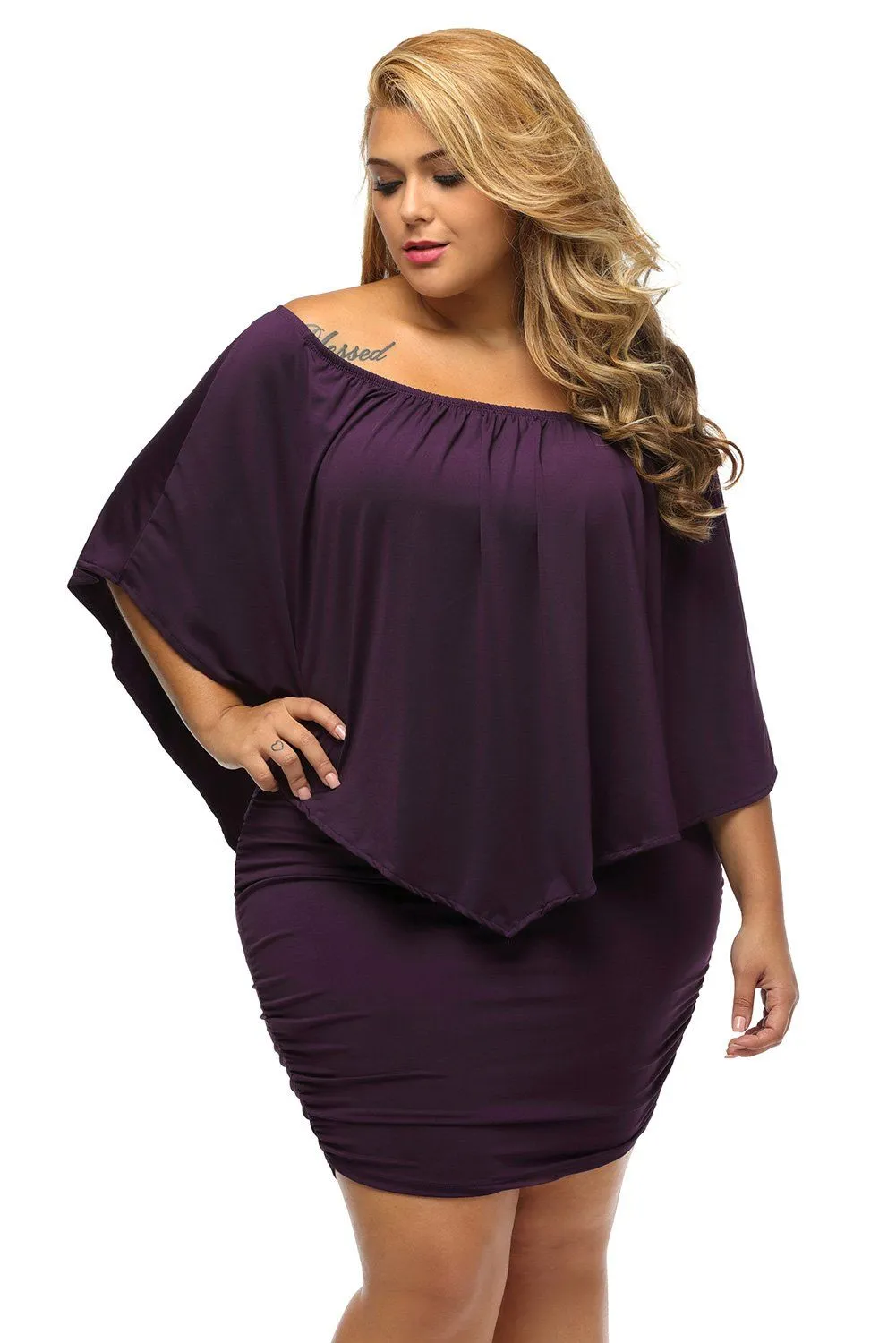 Women's Purple Off Shoulder Bandeau Ruffles Multiple Layered Plus Size Mini Dress