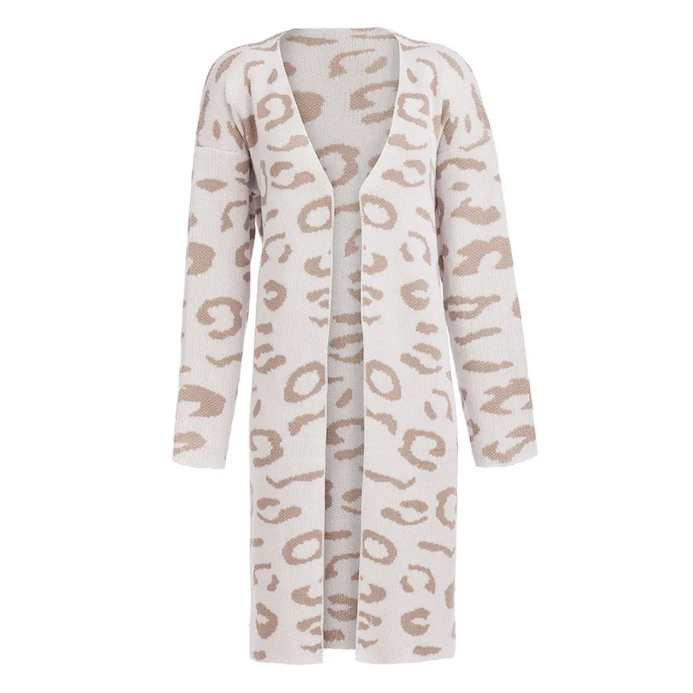 Women's Sweater Four-color Leopard Cardigan Loose Long Sweater