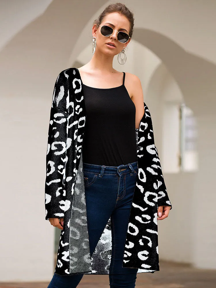 Women's Sweater Four-color Leopard Cardigan Loose Long Sweater