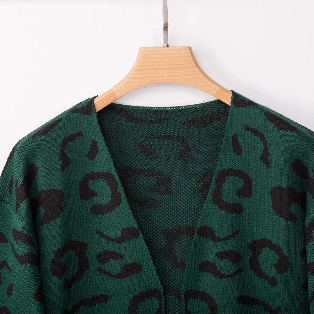 Women's Sweater Four-color Leopard Cardigan Loose Long Sweater