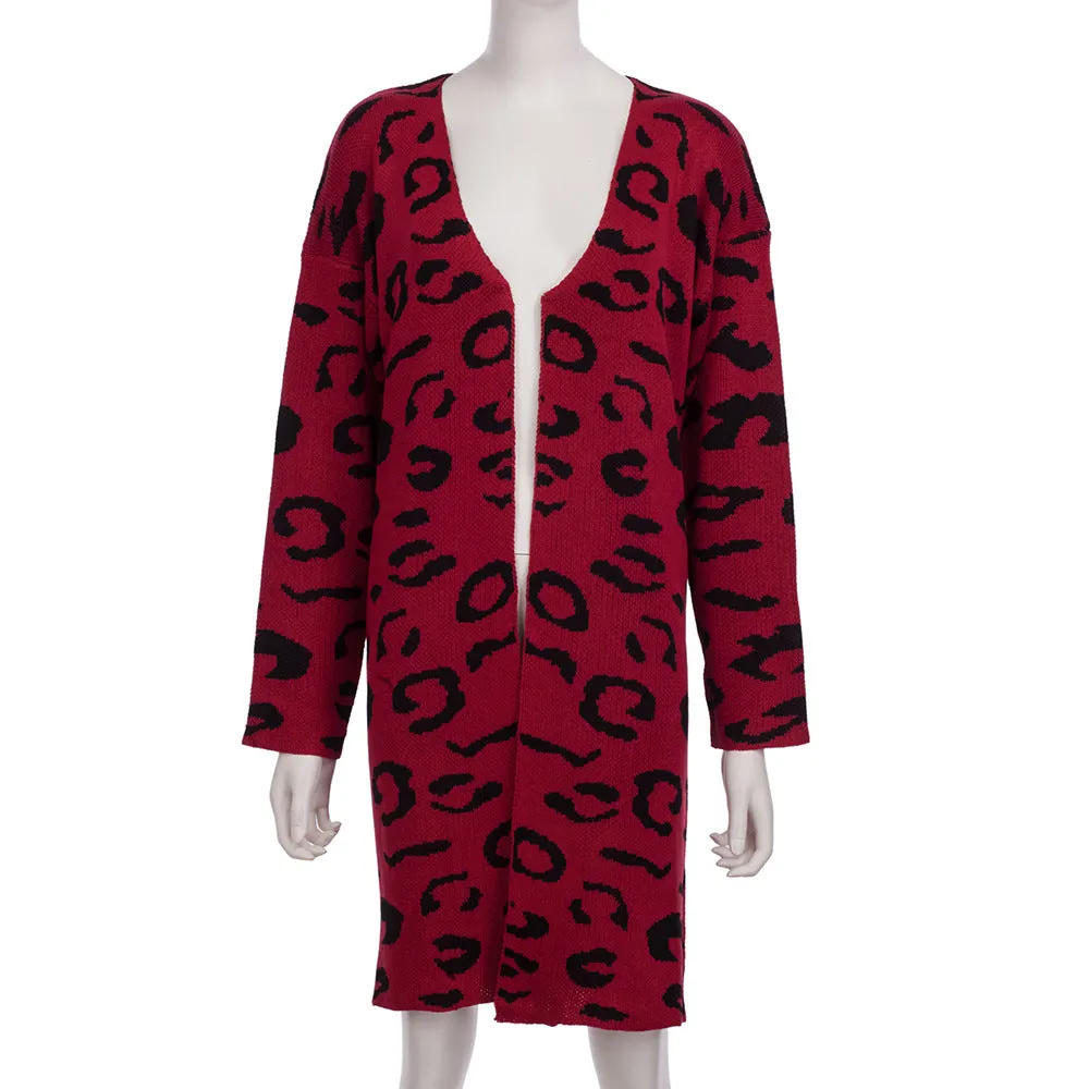 Women's Sweater Four-color Leopard Cardigan Loose Long Sweater