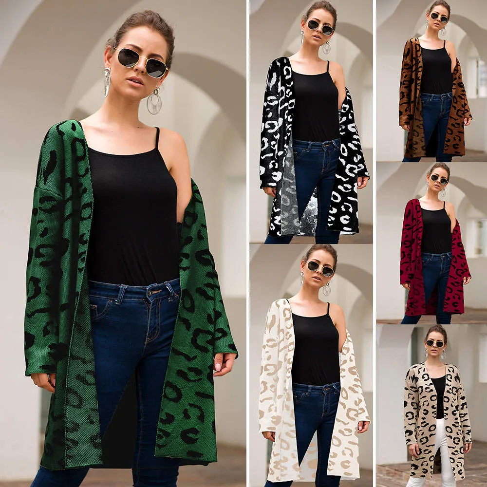 Women's Sweater Four-color Leopard Cardigan Loose Long Sweater
