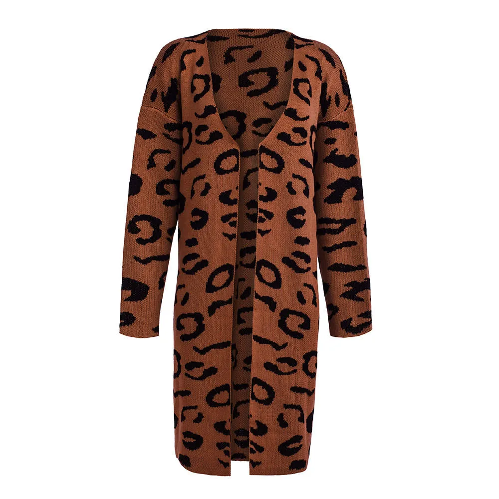 Women's Sweater Four-color Leopard Cardigan Loose Long Sweater