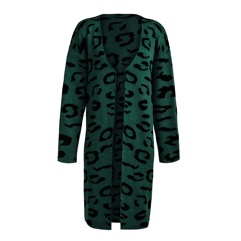 Women's Sweater Four-color Leopard Cardigan Loose Long Sweater