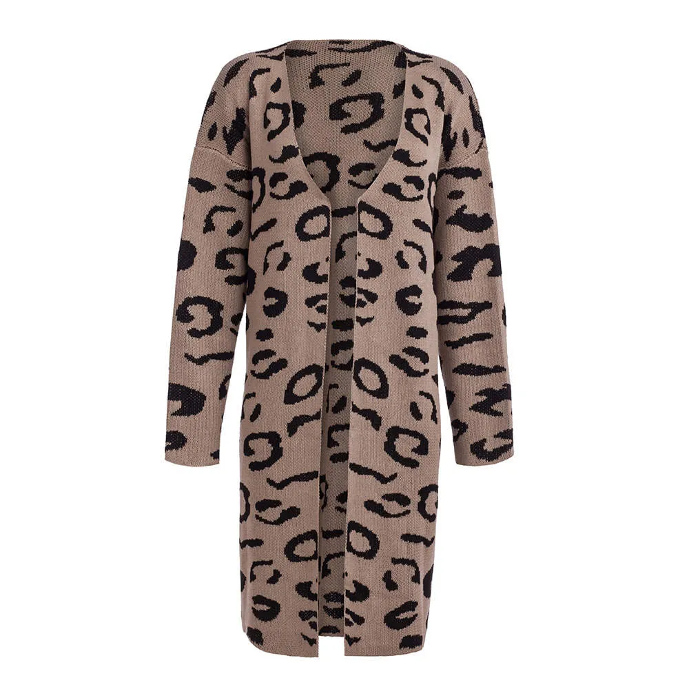 Women's Sweater Four-color Leopard Cardigan Loose Long Sweater