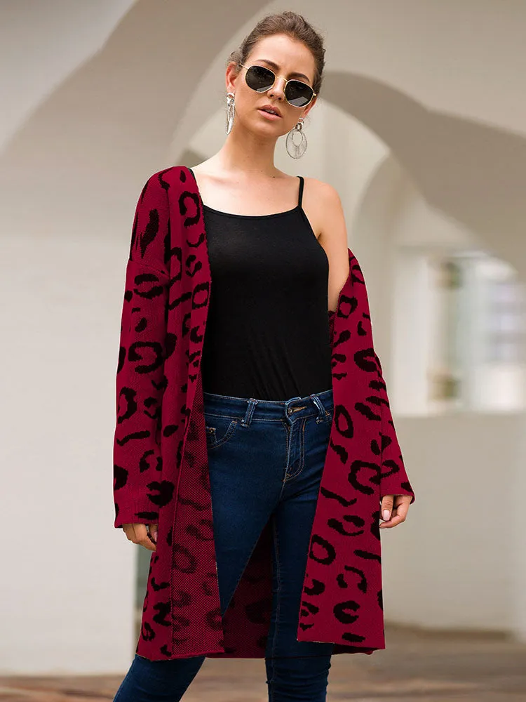 Women's Sweater Four-color Leopard Cardigan Loose Long Sweater